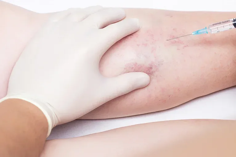 A hand holding a leg with chronic venous insufficiency and the other hand injecting the leg.